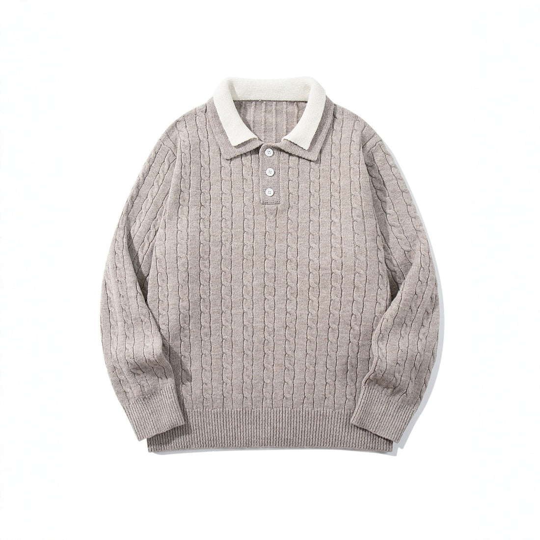 Unisex Polo-Strickpullover mit Zopfstrick und Kontrastkragen Echoarchiv