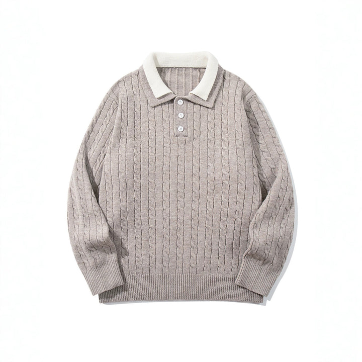 Unisex Polo-Strickpullover mit Zopfstrick und Kontrastkragen Echoarchiv
