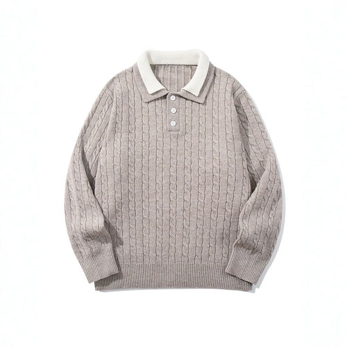 Unisex Polo-Strickpullover mit Zopfstrick und Kontrastkragen Echoarchiv