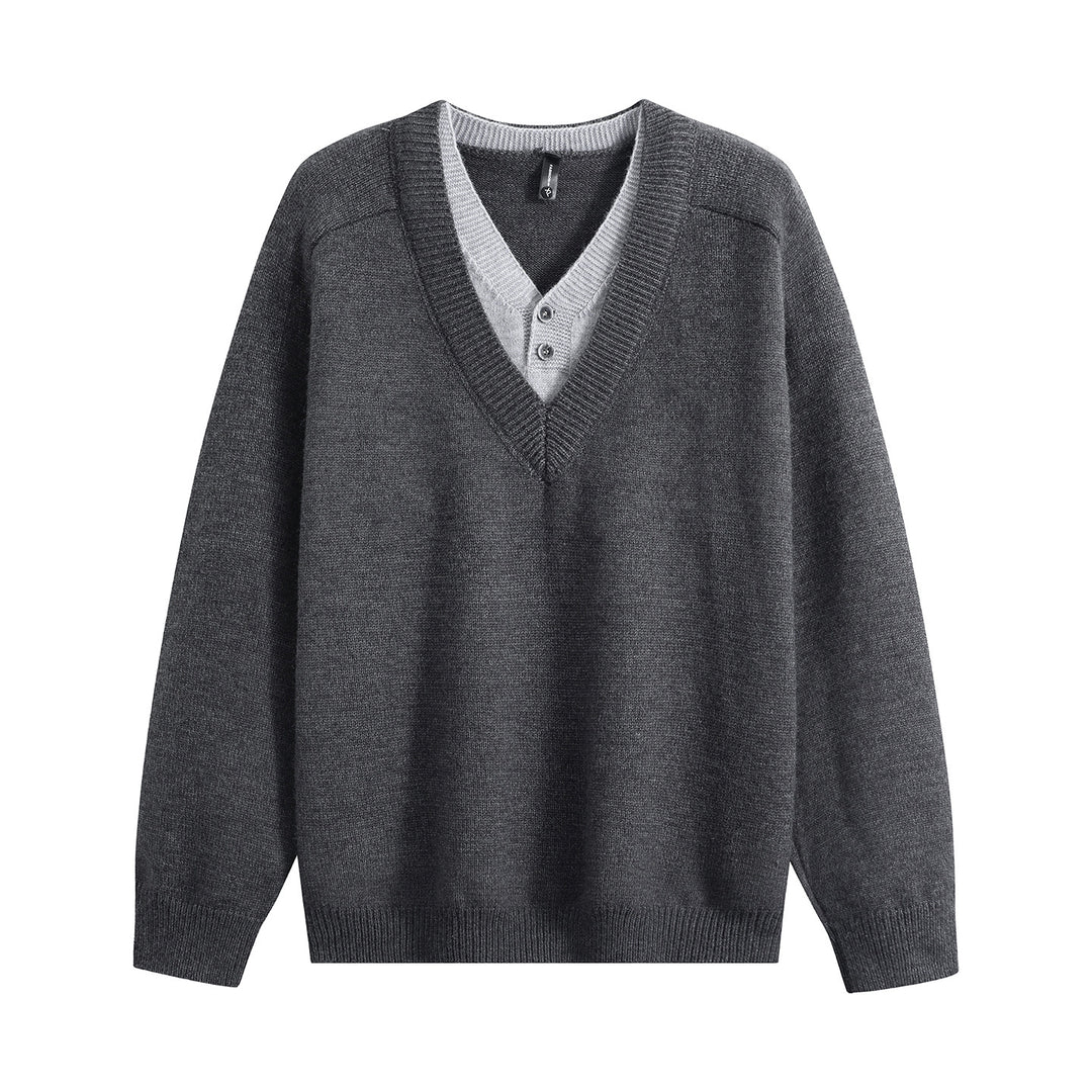 Unisex Oversize V‑Neck Strickpullover mit eingearbeiteter Henley-Optik Echoarchiv