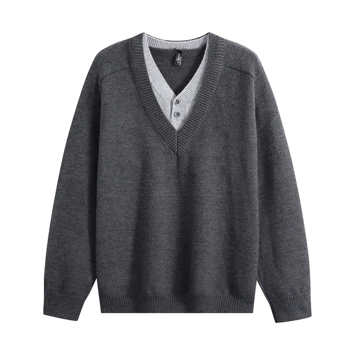 Unisex Oversize V‑Neck Strickpullover mit eingearbeiteter Henley-Optik Echoarchiv