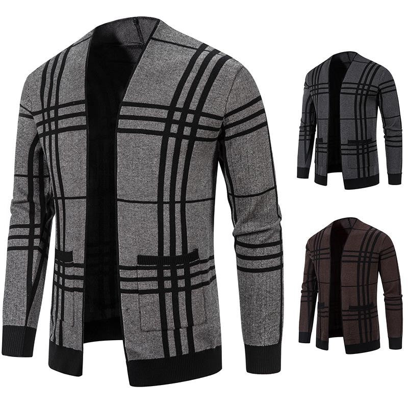 Herren modische Strickjacke im karierten Design mit praktischen Taschen Echoarchiv