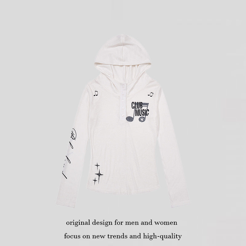 Damen Leichtes Langarm-Hoodie-Henleyshirt mit Knopfleiste, Kapuze und Music-Print Echoarchiv
