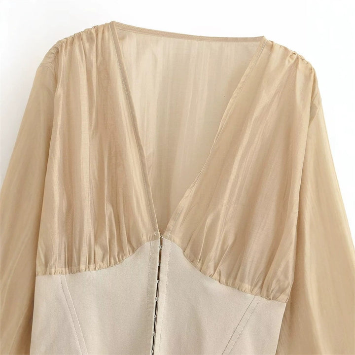 Damen Cropped Chiffon-Bluse mit tiefem V-Ausschnitt und tailliertem Korsettbund Echo Archiv
