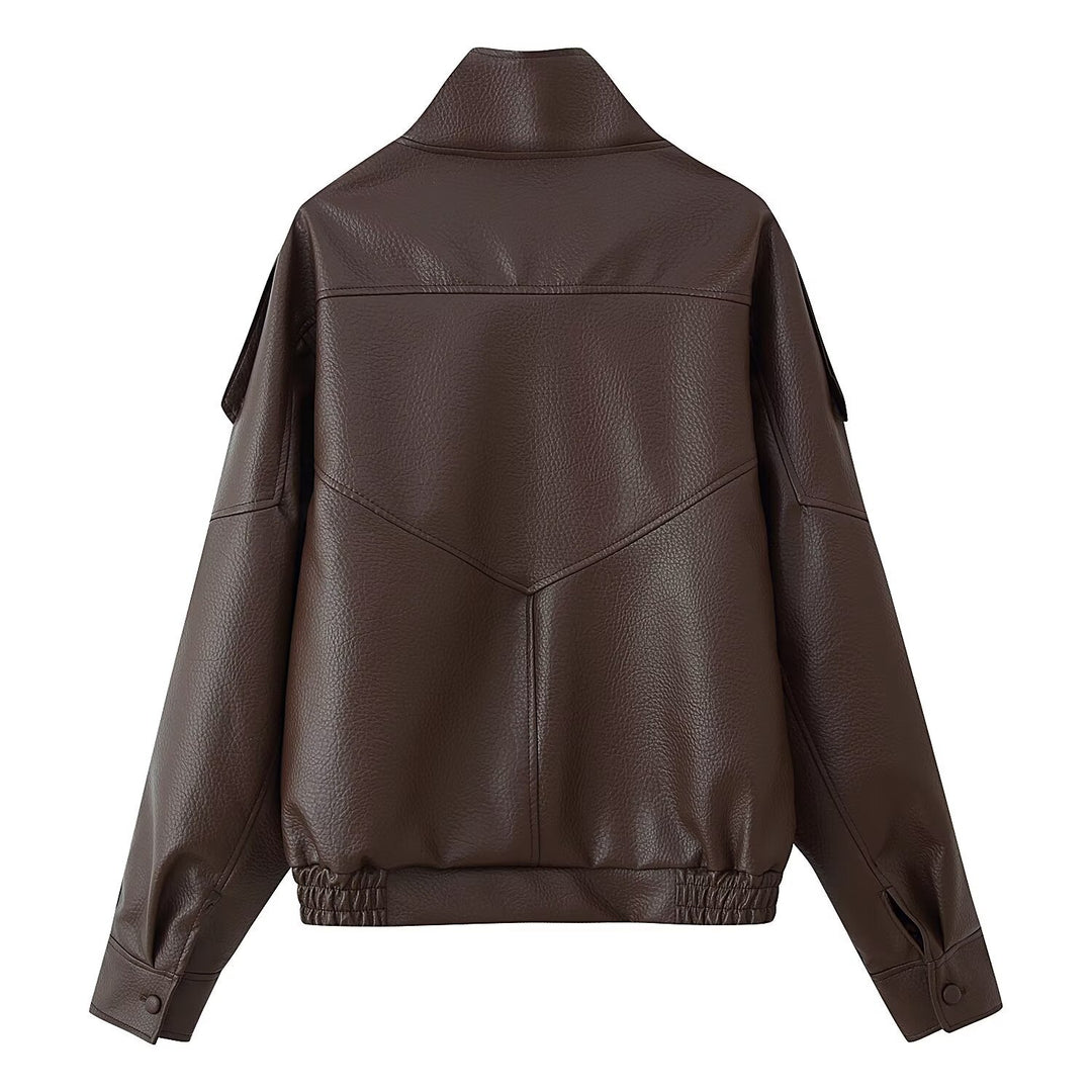 Damen Oversize Kunstlederjacke mit Hemdkragen und elastischem Saum Echo Archiv