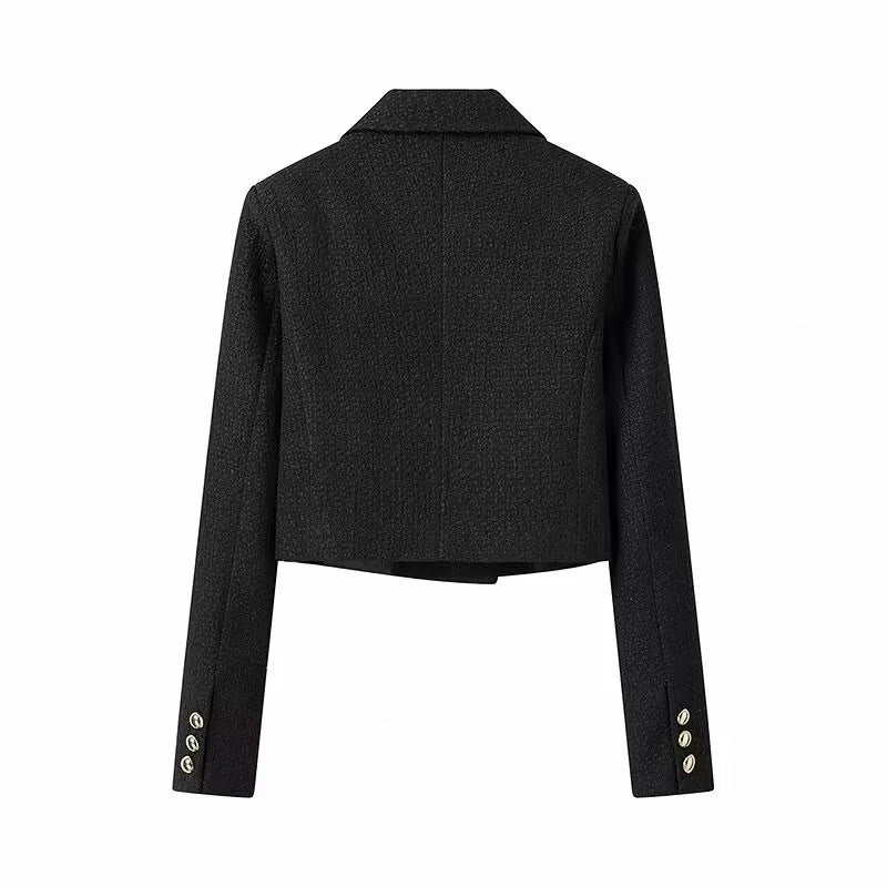 Damen kurze Bouclé-Cropped-Jacke mit Reverskragen und dekorativen Metallknöpfen – Célinea