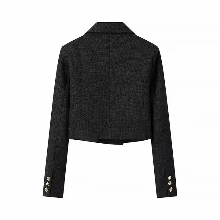 Damen kurze Bouclé-Cropped-Jacke mit Reverskragen und dekorativen Metallknöpfen – Célinea