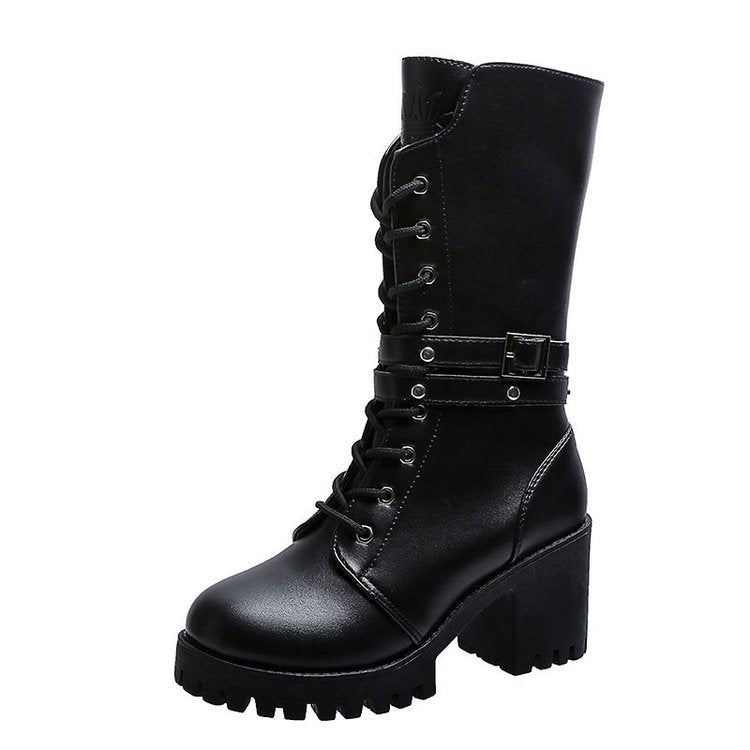 Damen nan mittelhohe Schnürstiefel mit Profilsohle, Blockabsatz und Ziergurt Echo Archiv