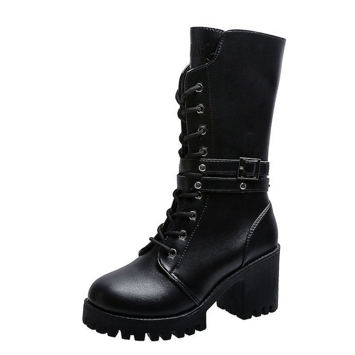 Damen nan mittelhohe Schnürstiefel mit Profilsohle, Blockabsatz und Ziergurt Echo Archiv
