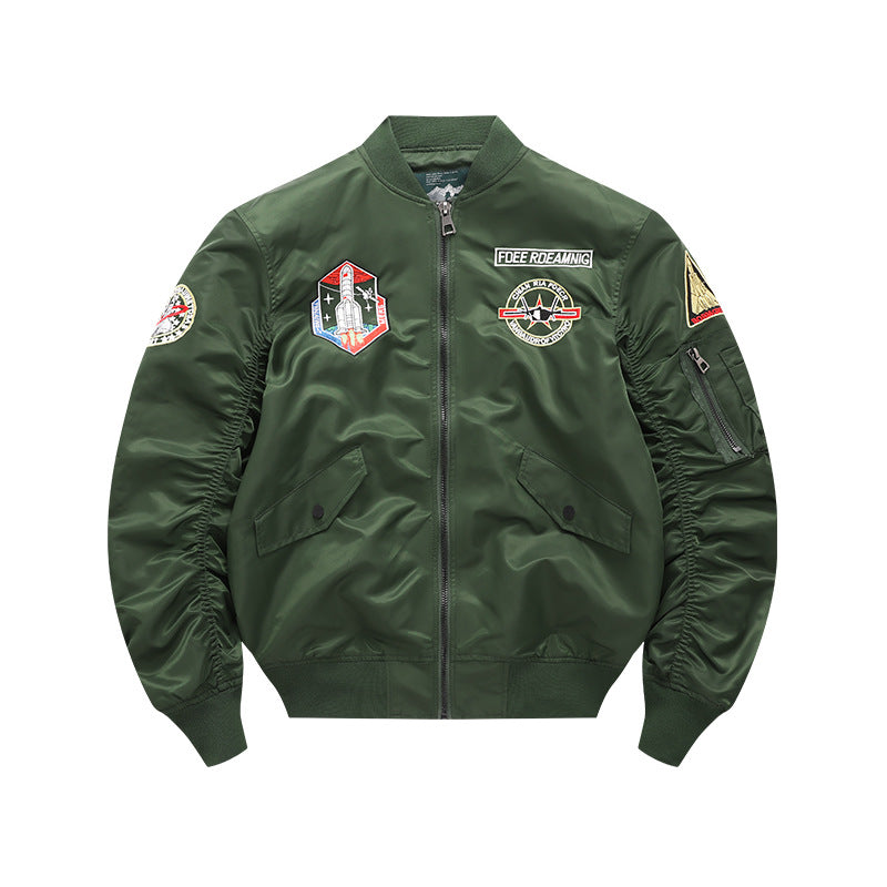 Men's vintage-inspired mission patch flight bomber with utility sleeve pocket – Brevano