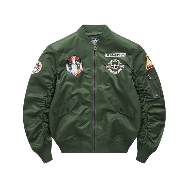 Men's vintage-inspired mission patch flight bomber with utility sleeve pocket – Brevano