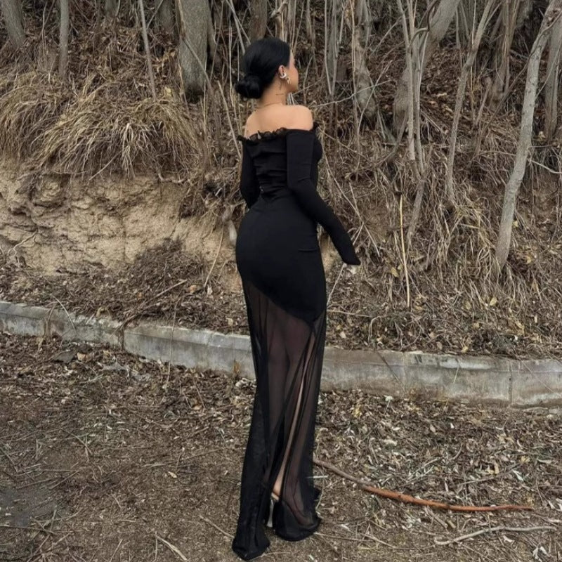 Damen figurbetontes Maxikleid mit Off-Shoulder Design und transparentem Rock Echo Archiv