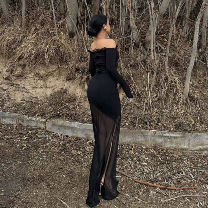 Damen figurbetontes Maxikleid mit Off-Shoulder Design und transparentem Rock Echo Archiv