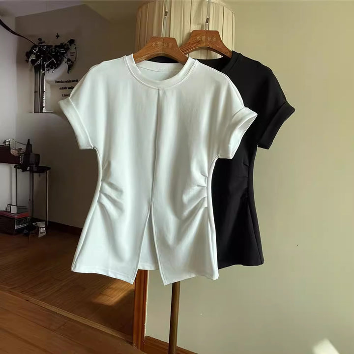 Damen Kurzärmeliges Strukturjersey-Shirt mit Taillenraffungen und Frontschlitz Echo Archiv