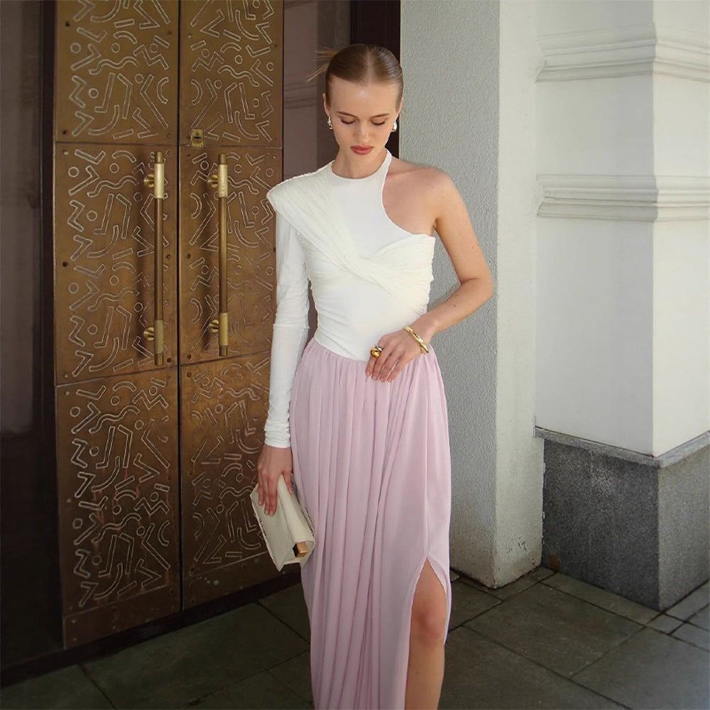 Damen Asymmetrisches One-Shoulder Maxikleid mit drapiertem Oberteil, langem Plissee‑Rock und Beinschlitz Echoarchiv