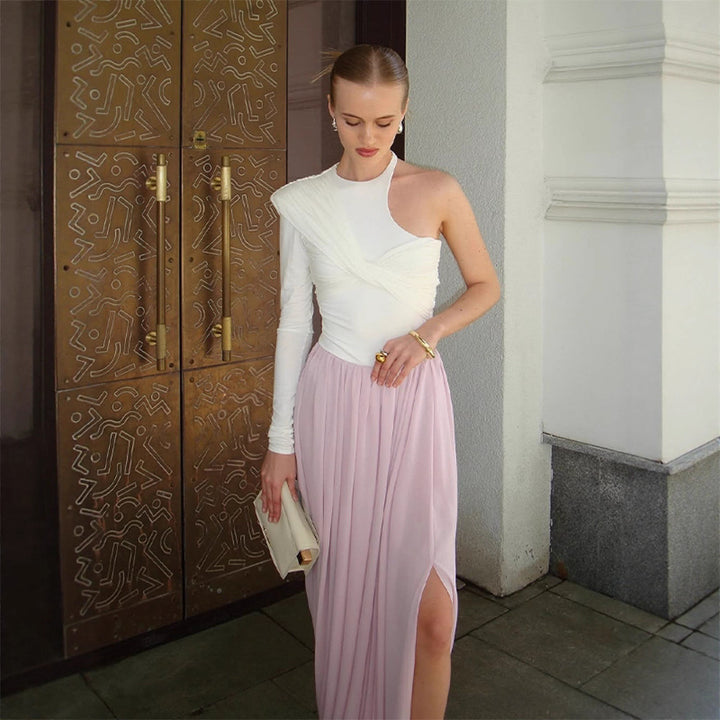 Damen Asymmetrisches One-Shoulder Maxikleid mit drapiertem Oberteil, langem Plissee‑Rock und Beinschlitz Echoarchiv