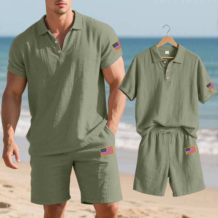 Herren Polo- und Shorts-Set mit gesticktem Länderflaggen-Motiv Echoarchiv