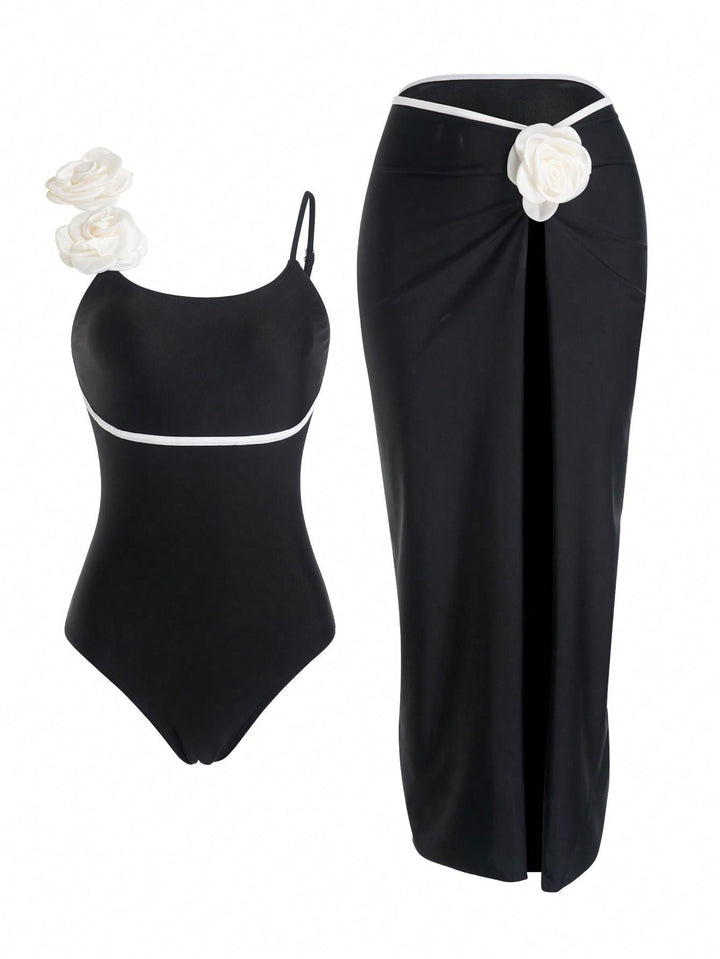 Damen Einteiler Badeanzug mit elegantem Rock und verspielten Blütendetails Echo Archiv