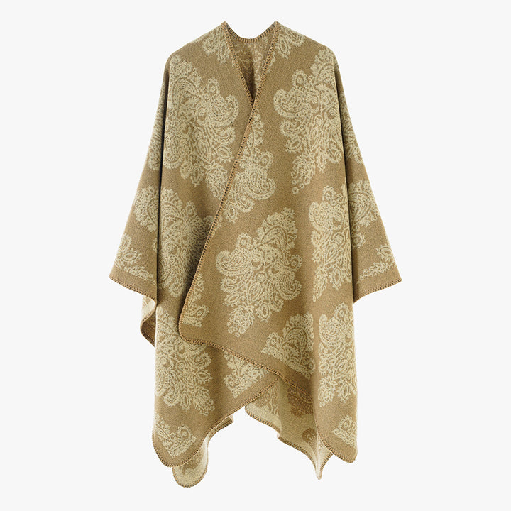 Damen Wollmix-Capeponcho mit beidseitigem Jacquard‑Paisley und kontrastierter Rollkante – Montévia