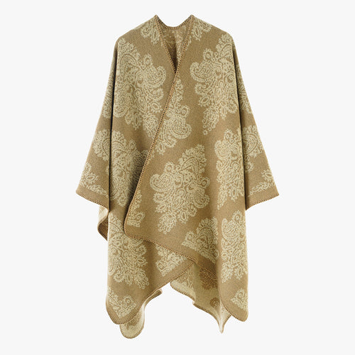 Damen Wollmix-Capeponcho mit beidseitigem Jacquard‑Paisley und kontrastierter Rollkante – Montévia
