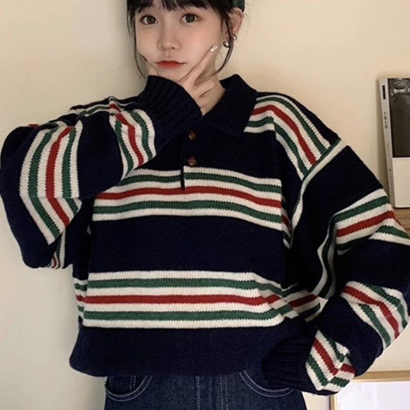 Damen Oversize Polokragen-Strickpullover mit maritimen Blockstreifen und kastiger Cropped-Silhouette Echoarchiv