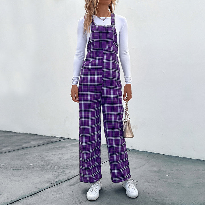 Damen Lässiger Karierter Jumpsuit mit breitem Bein und verstellbaren Trägern Echo Archiv