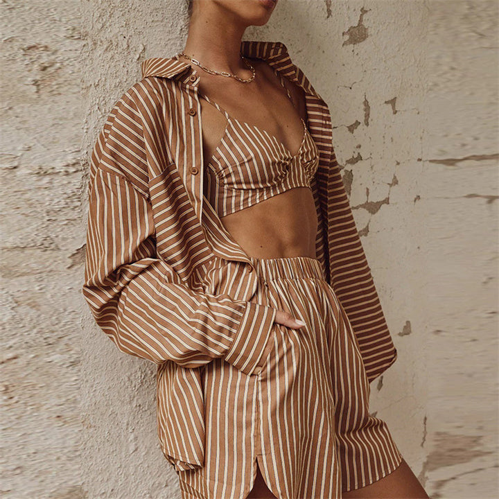 Damen nan Oversized Leinen-Hemd mit elastischem Bund Shorts Set Echo Archiv