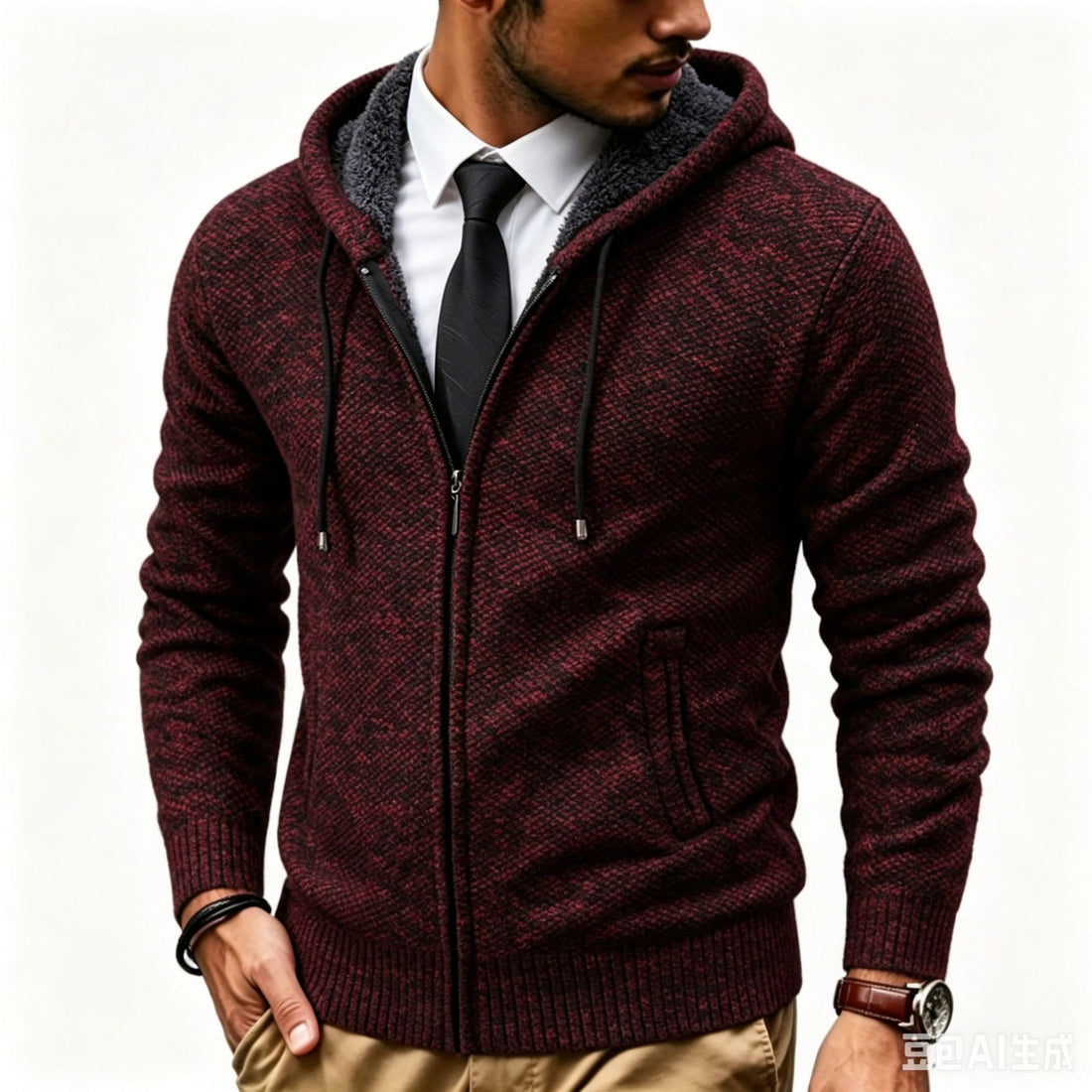 Herren Kapuzen-Strickjacke mit Teddyfutter und durchgehendem Reißverschluss Echo Archiv