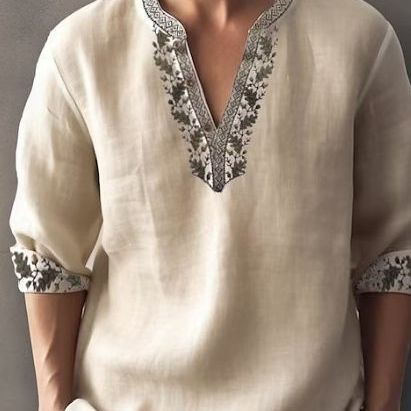 Herren Leinenbluse mit extravagantem Blumenmuster und eleganten Knopfdetails Echoarchiv