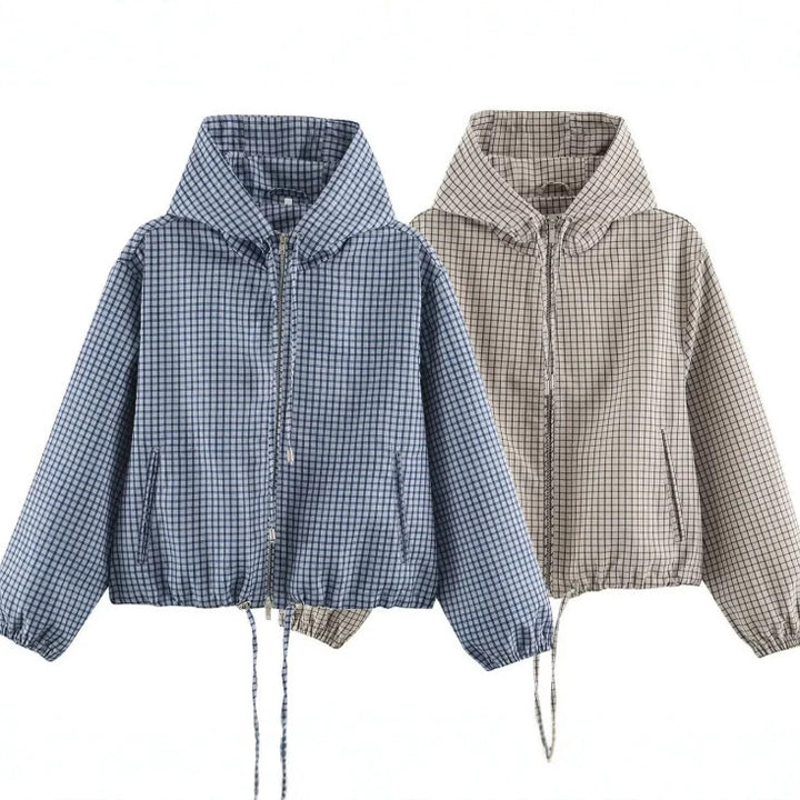 Damen Karierte Cropped Kapuzenjacke mit Tunnelzugsaum und Zwei‑Wege‑Reißverschluss Echo Archiv