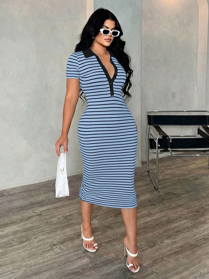 Damen Figurbetontes Polokleid im Streifen‑Look aus Rippstrick mit kurzem Ärmel – Élara