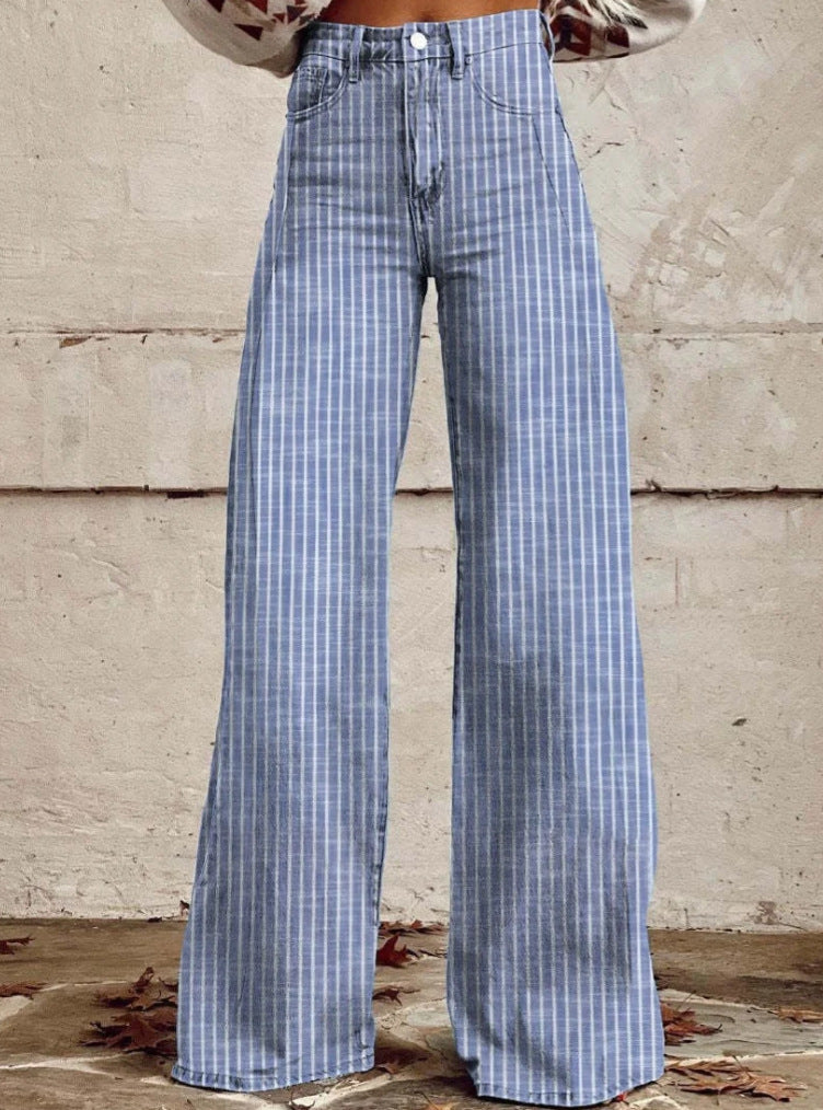 Damen nan weite Hose mit hohem Bund in Leinenoptik und vertikalen Nadelstreifen Schlaghose Echo Archiv