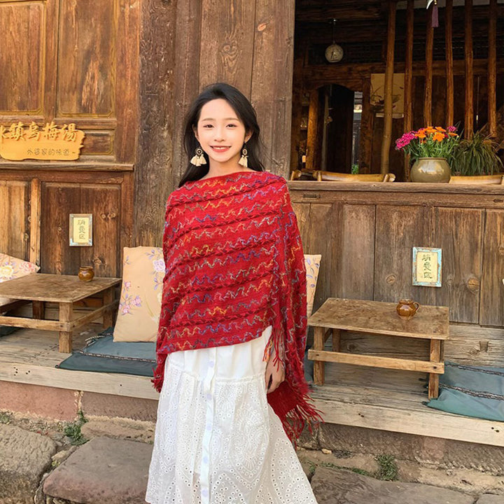 Damen Gestrickter V-Ausschnitt-Poncho mit Fransen und Strukturjacquard Echo Archiv
