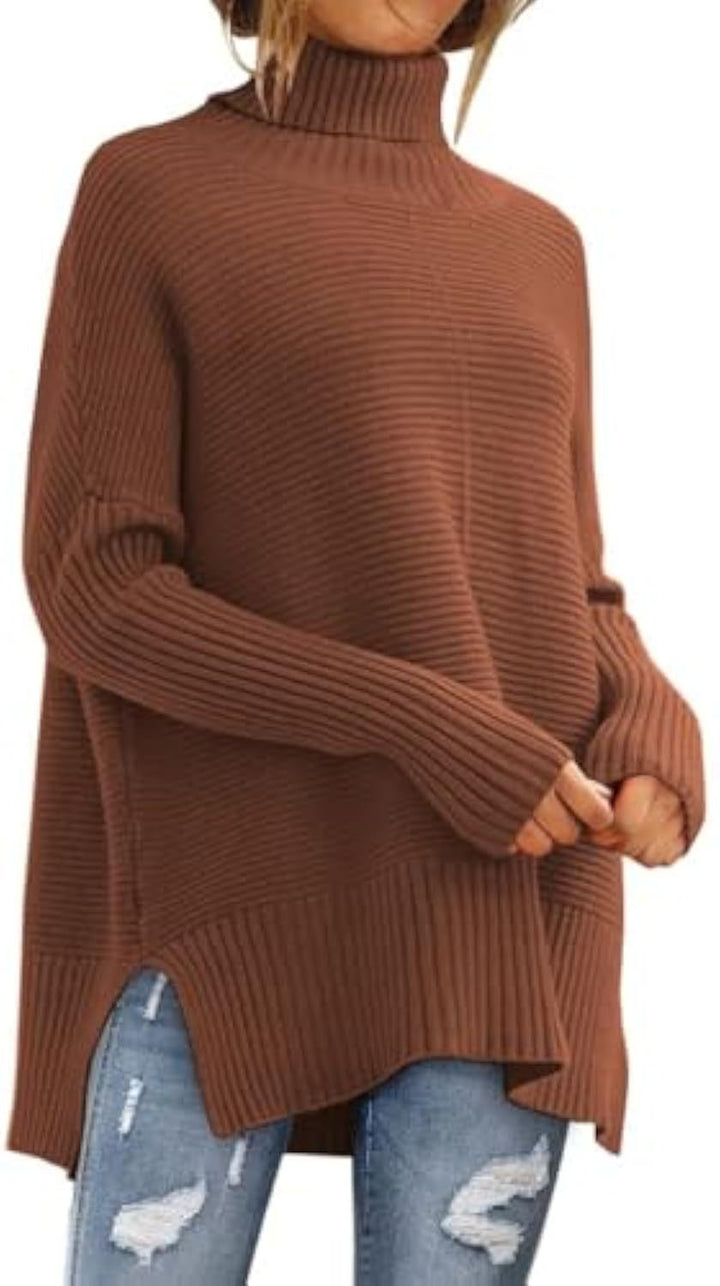 Damen Oversize-Rippenstrick Rollkragenpullover mit Seitenschlitzen und verlängertem Saum – Mavelle
