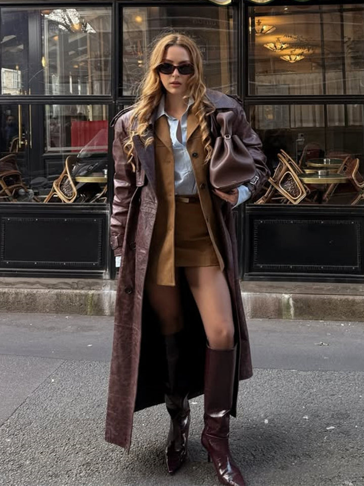 Damen Langer Trenchcoat aus Lederimitat mit Oversize-Schultern und taillierter Silhouette Echoarchiv