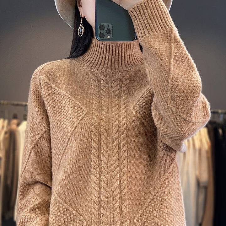Damen Weicher Zopfstrick-Mockneckpullover mit Strukturpatches und flauschiger Mohair-Optik Echoarchiv