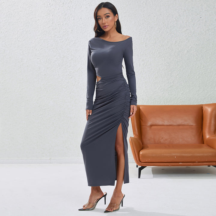 Damen eng anliegendes Maxikleid mit langem Arm seitlichem Cut-Out geraffter Hüfte und hohem Beinschlitz – Valéora