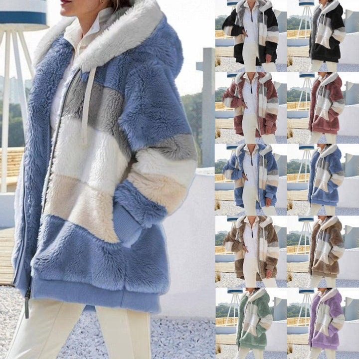 Damen nan Oversize Teddyfell-Kapuzenjacke mit Farbblock-Streifen, hochwertigem Reißverschluss und gerippten Bündchen Echo Archiv