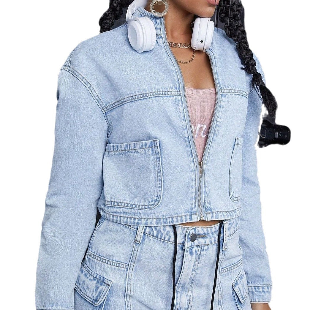 Damen Cropped-Denim-Set bestehend aus kurzer Jeansjacke und High-Waist Cargo-Jeans Echo Archiv