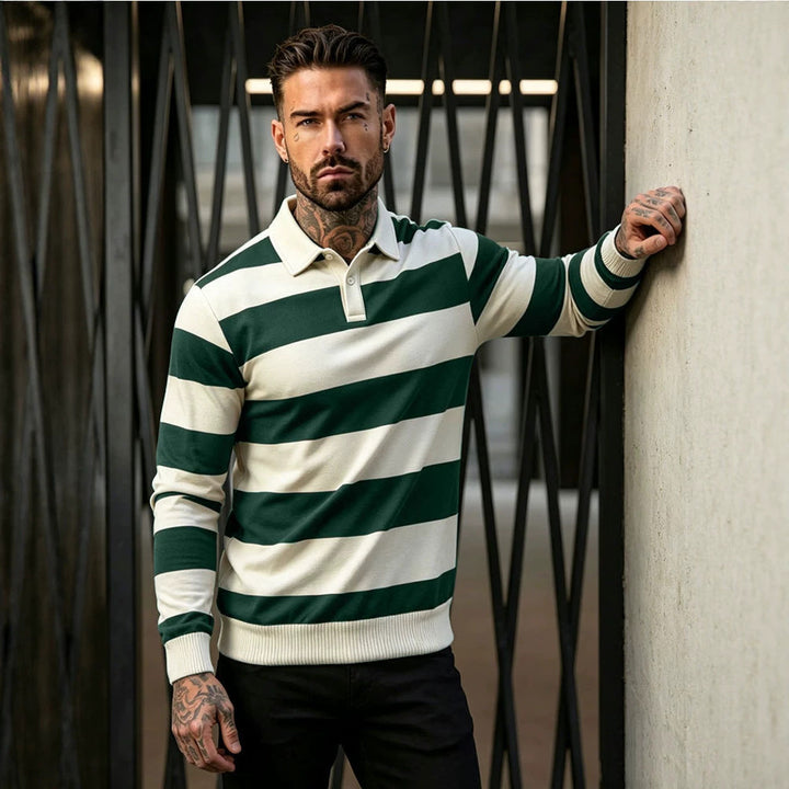 Herren gestreifter Rugby-Polo-Pullover mit Knopfleiste und Rippbündchen Echoarchiv