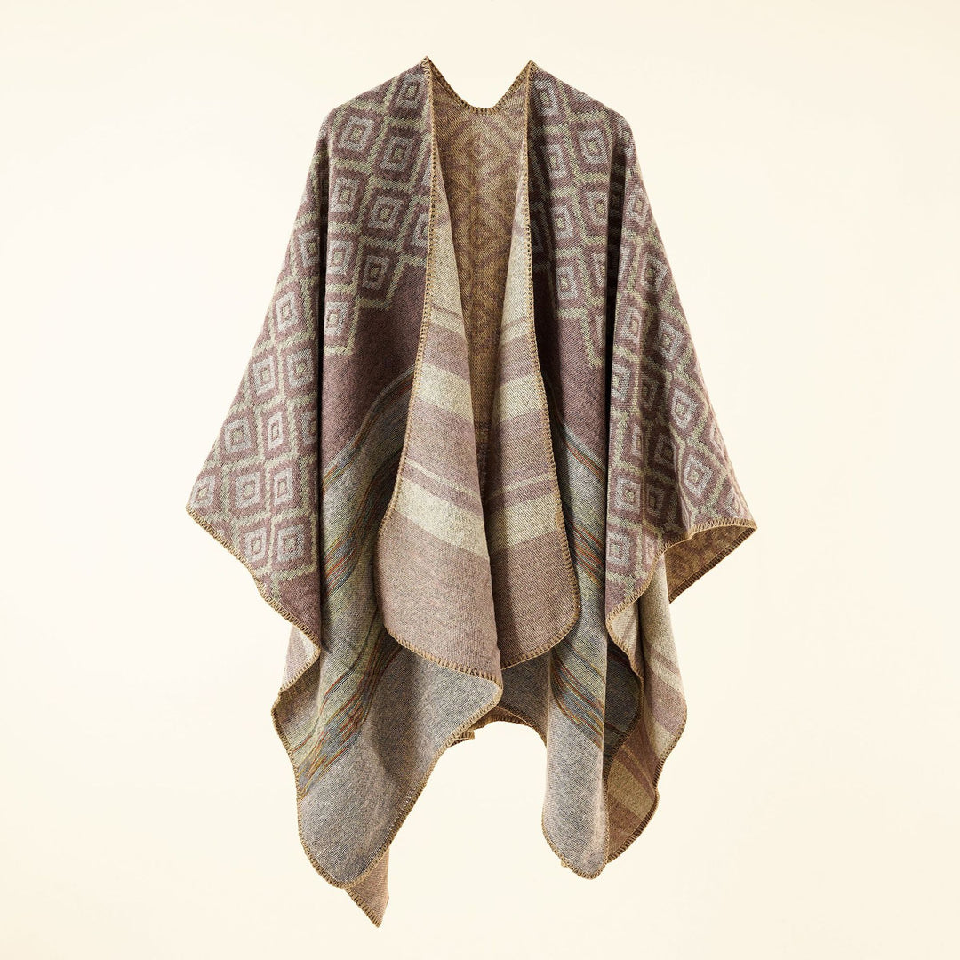 Damen Wollmix-Cape mit reversibler Double-Face-Webung und geometrischem Blockmuster Echo Archiv