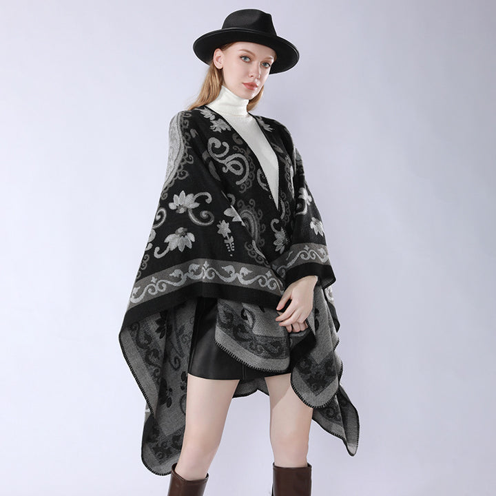 Damen Wollmix-Poncho-Umhang mit Paisley-Jacquard und Ziernaht – Célinea