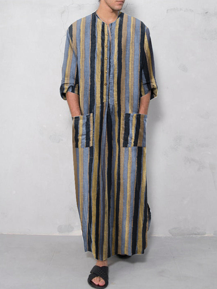 Herren nan lockerer Kaftan aus Leinenmischung mit Knopfleiste und aufgesetzten Taschen Echoarchiv