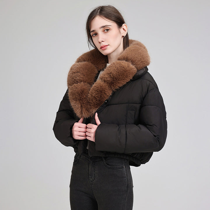 Damen cropped Isolationsjacke mit voluminösem Kunstpelz-Schalkragen und elastischem Saum – Célinea