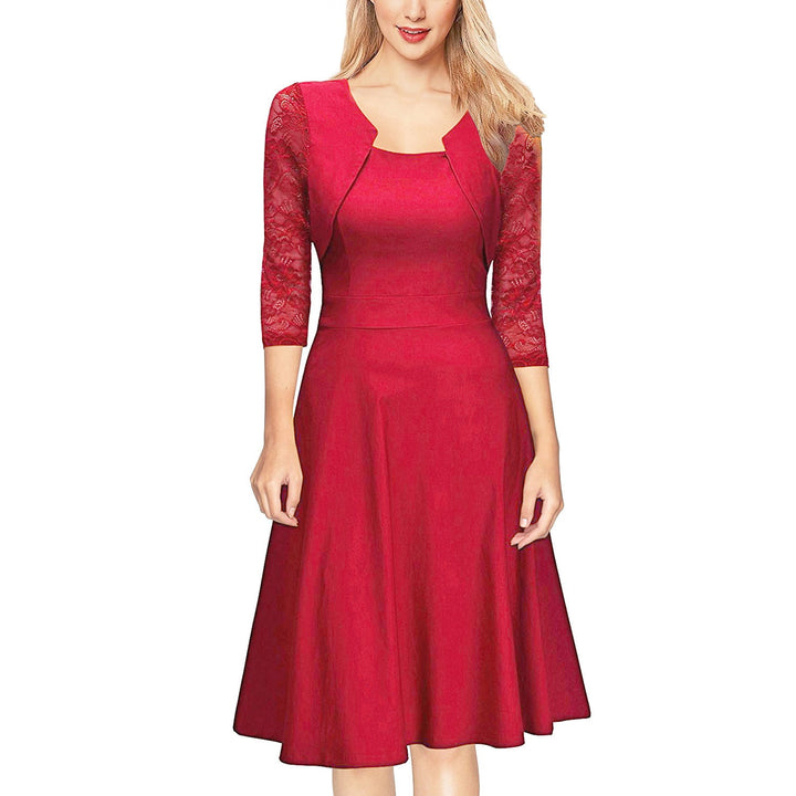 Damen Midi-Kleid mit Spitzenärmeln und schwingendem Rock Echoarchiv