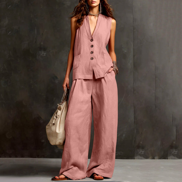 Damen Ärmelloses Longline-Westen und Palazzo-Hosen Set aus Leinenoptik – Célinea