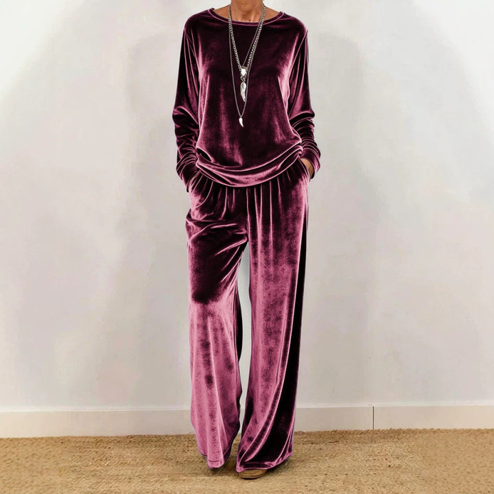 Damen Samt-Loungewear-Set mit weitem Bein, elastischem Bund und Rundhalsausschnitt – Élanora