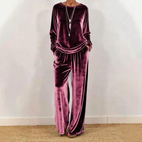 Damen Samt-Loungewear-Set mit weitem Bein, elastischem Bund und Rundhalsausschnitt – Élanora