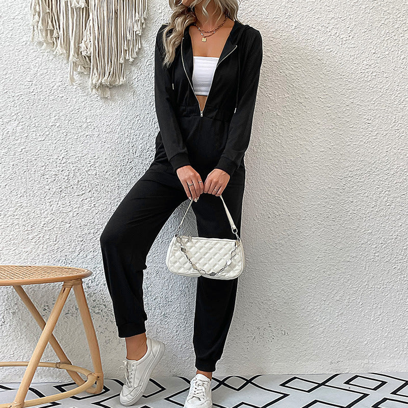 Damen Kapuzen-Jumpsuit mit Reißverschluss, elastischer Taillenpassform & Joggerbündchen Echoarchiv