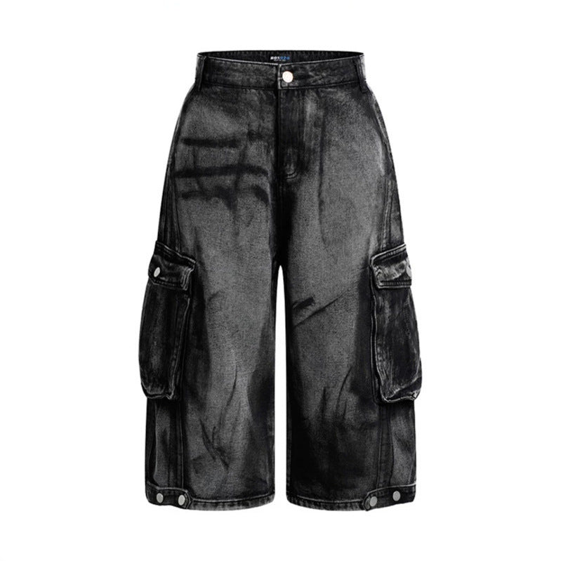 Damen High-Waist Denim-Cargo-Culotte mit weiten Beinen und aufgesetzten Taschen Echoarchiv